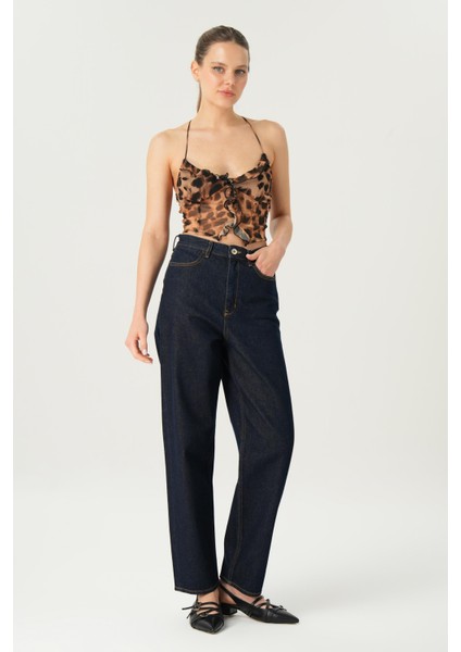 Ariana Koyu Mavi Yüksek Bel Patı Fermuarlı Mom Jean Pantolon C 4525-181