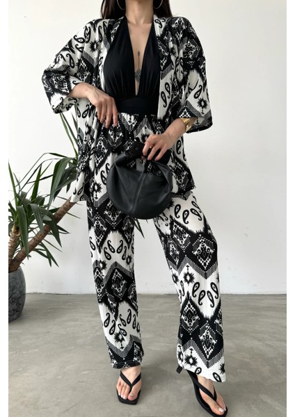 Desenli Kimono ve Pantolon Ikili Takım DFL4019 modelleri