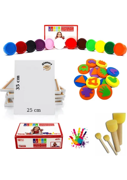 Çocuklar Için 12 Renk Parmak Boyası Baskı Seti + 25X35 cm Tuval (Yıkanabilir) 29 Parça Set