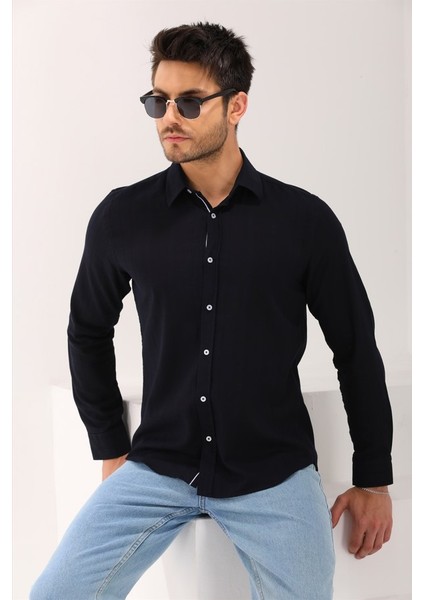 Lacivert Ekose Kareli Şeritli Denim Regular Erkek Gömlek