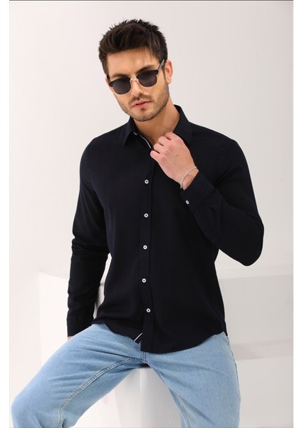 Lacivert Ekose Kareli Şeritli Denim Regular Erkek Gömlek