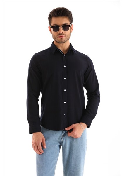 Lacivert Ekose Kareli Şeritli Denim Regular Erkek Gömlek