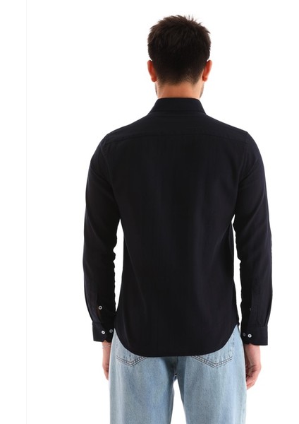 Lacivert Ekose Kareli Şeritli Denim Regular Erkek Gömlek