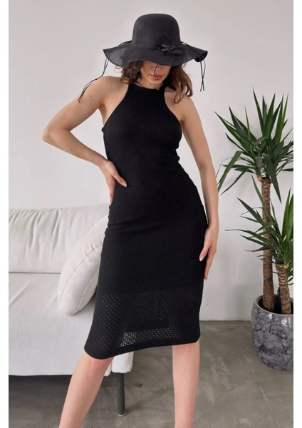 Halter Yaka Sırtı Çapraz Bant Detaylı Triko Elbise DFL4020 fiyatları