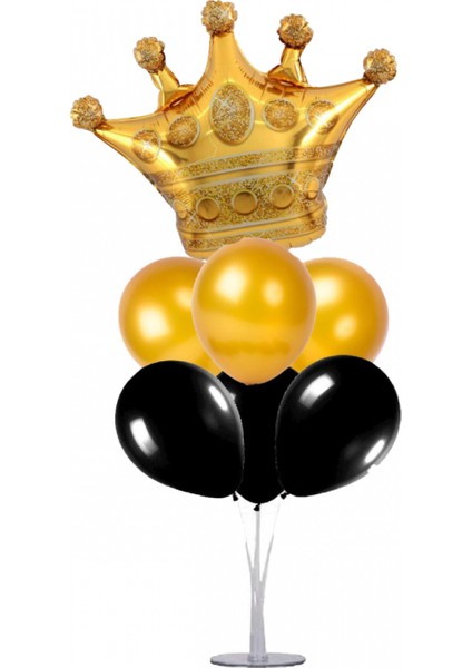 7 Li Balon Demeti Kral Taçlı Gold Siyah Balon