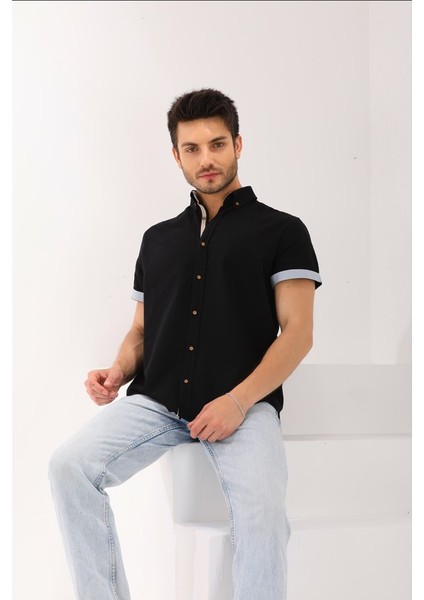 Siyah Kısakol Şeritli Regular Erkek Gömlek