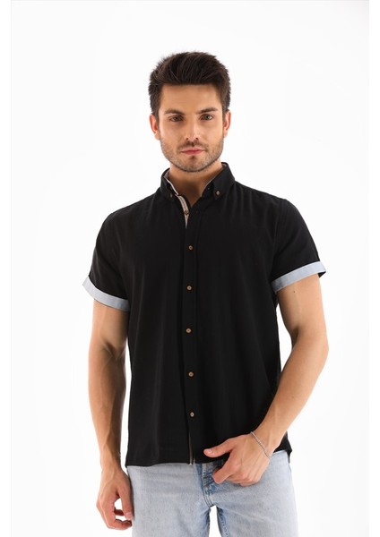Siyah Kısakol Şeritli Regular Erkek Gömlek modelleri
