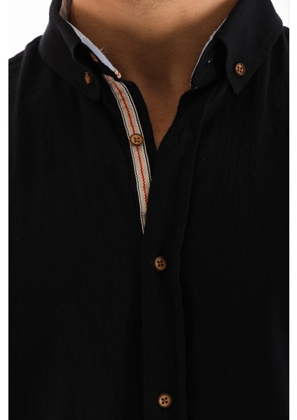 Siyah Kısakol Şeritli Regular Erkek Gömlek fırsatları