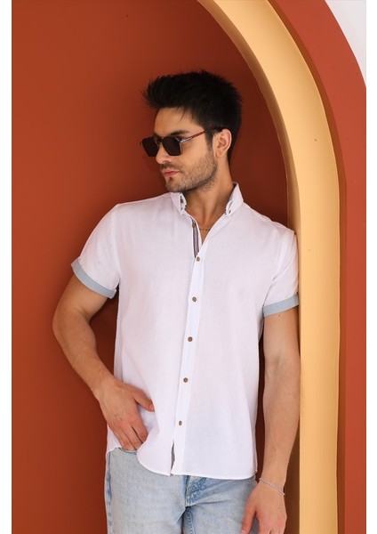 Beyaz Kısa Kol Şeritli Erkek Regular Gömlek