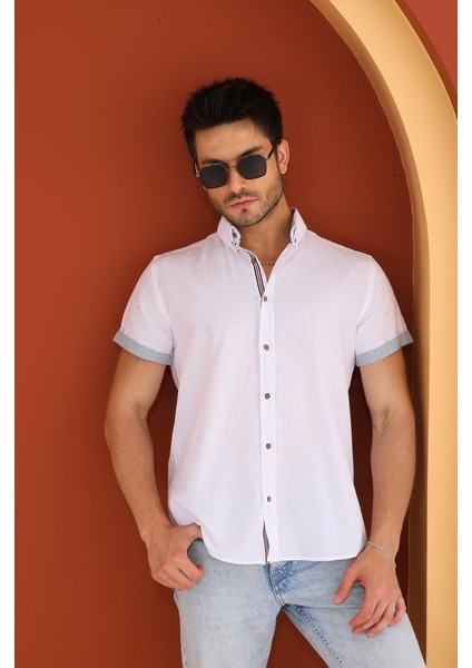 Beyaz Kısa Kol Şeritli Erkek Regular Gömlek fiyatları