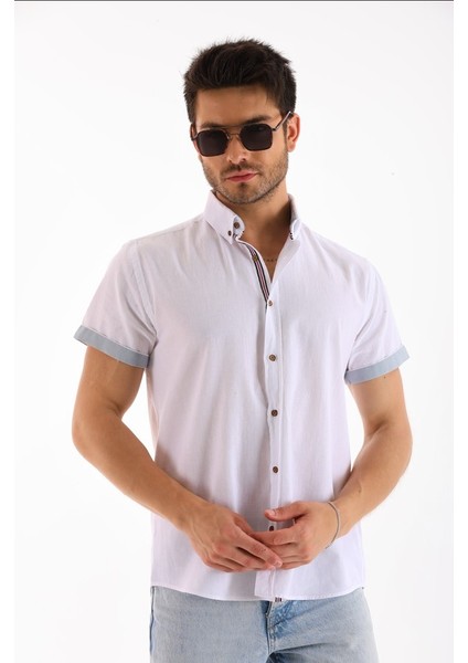 Beyaz Kısa Kol Şeritli Erkek Regular Gömlek modelleri