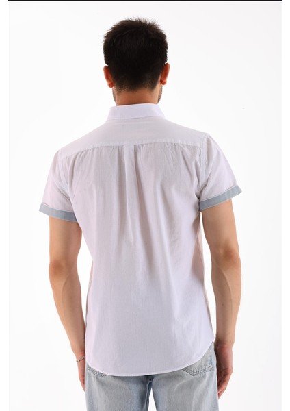 Beyaz Kısa Kol Şeritli Erkek Regular Gömlek fırsatları