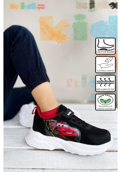 RF2340 Cars Sneaker Extra Light Ortopedik Erkek Günlük Çocuk Spor Ayakkabı Siyah Kırmızı fiyatları