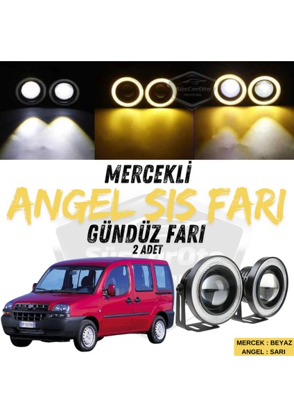 ŞüsCarOto Aksesuar Fiat Doblo D1 2000-2005 Uyumlu Üniversal Mercekli Angel Sis Farı Metal Su Geçirmez 76 mm Sarı Halkalı Gündüz Farı Angel Eyes 2 Adet