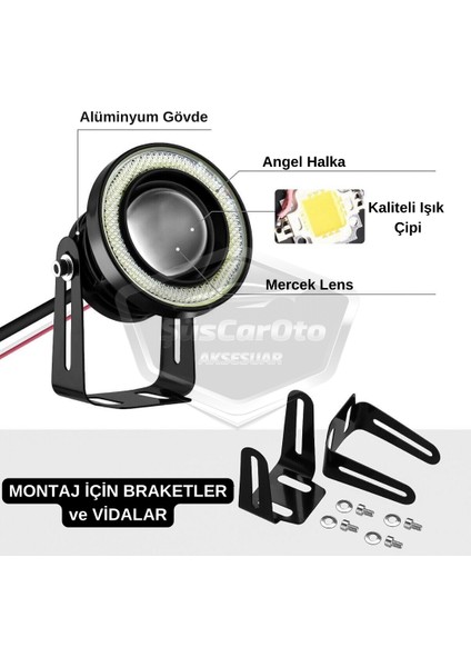 ŞüsCarOto Aksesuar Fiat Doblo D1 2000-2005 Uyumlu Üniversal Mercekli Angel Sis Farı Metal Su Geçirmez 76 mm Sarı Halkalı Gündüz Farı Angel Eyes 2 Adet