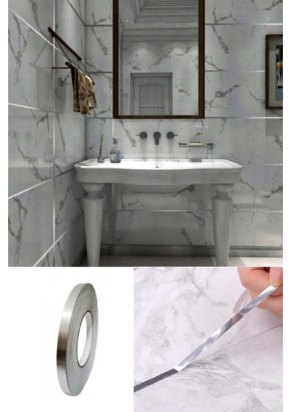 5 Mm- 50 Metre Tuvalet Mutfak Banyo Fayans Mermer Arası Şerit Bant Gümüş Banyo Mutfak Bant