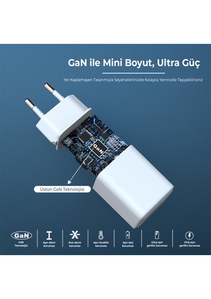 BX2P30G Gan Pd 30W Type-C ve Usb-A Qc 18W Çift Portlu Akım Korumalı Mini Hızlı Şarj Cihazı Beyaz