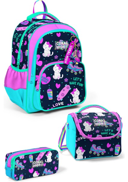 Kids Lacivert Pembe Kedili Paten Desenli 3'lü Okul Çanta Seti SET0123658