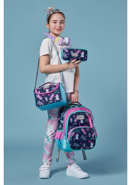 Kids Lacivert Pembe Kedili Paten Desenli 3'lü Okul Çanta Seti SET0123658 fiyatları
