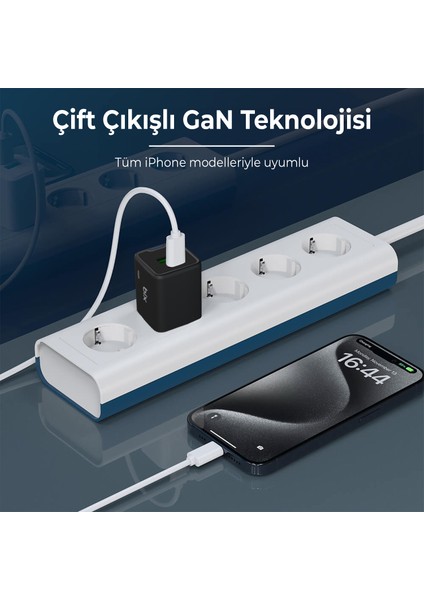 BX2P30G Gan Pd 30W Type-C ve Usb-A Qc 18W Çift Portlu Akım Korumalı Mini Hızlı Şarj Cihazı Siyah modelleri