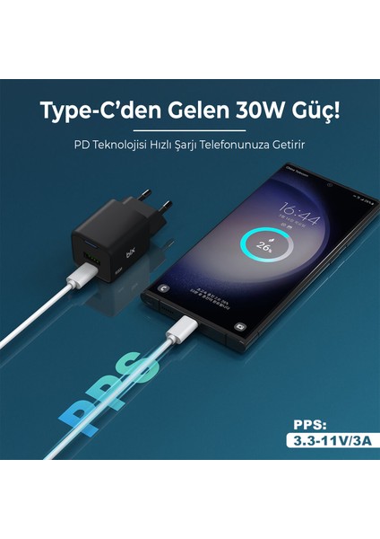 BX2P30G Gan Pd 30W Type-C ve Usb-A Qc 18W Çift Portlu Akım Korumalı Mini Hızlı Şarj Cihazı Siyah indirimleri