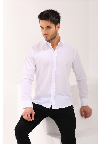 Beyaz Düz Regular Erkek Gömlek