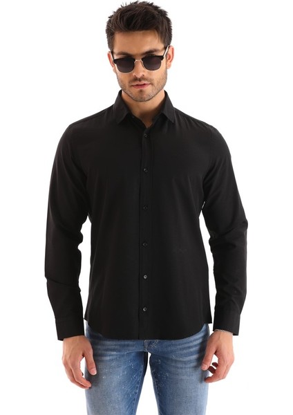 Siyah Düz Regular Erkek Gömlek modelleri
