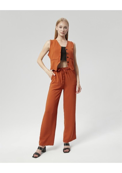 Kadın Keten Kumaş Yelekli Ikili Takım Kiremit