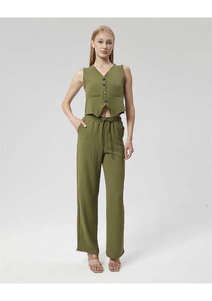Kadın Keten Kumaş Yelekli Ikili Takım Haki modelleri