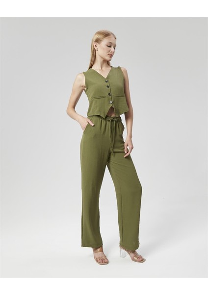 Kadın Keten Kumaş Yelekli Ikili Takım Haki fırsatları