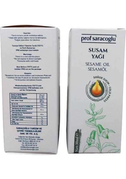 Prof Saraçoğlu Soğuk Sıkım Susam Yağı 30ML