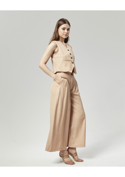 Yeni Sezon Pensli Palazzo Pantolon & Yelek Takım Bej