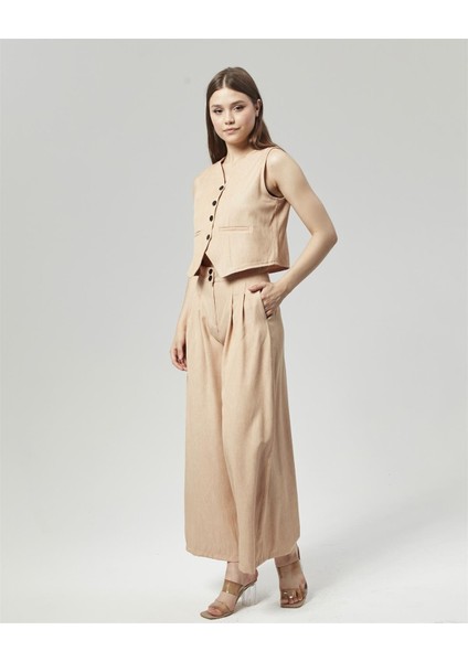 Yeni Sezon Pensli Palazzo Pantolon & Yelek Takım Bej modelleri