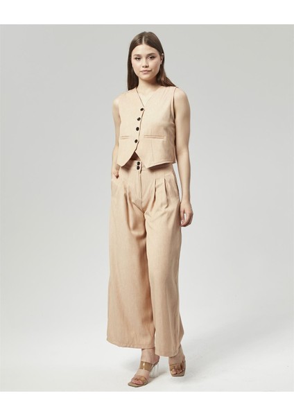 Yeni Sezon Pensli Palazzo Pantolon & Yelek Takım Bej fırsatları