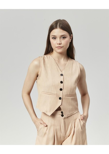 Yeni Sezon Pensli Palazzo Pantolon & Yelek Takım Bej indirimleri