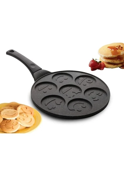 Döküm Granit Emojili Pankek Waffle Burger Tavası Glora Pankek Tavası 28CM Kahvaltılık Tava