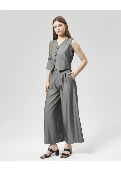 Yeni Sezon Pensli Palazzo Pantolon & Yelek Takım Antrasit