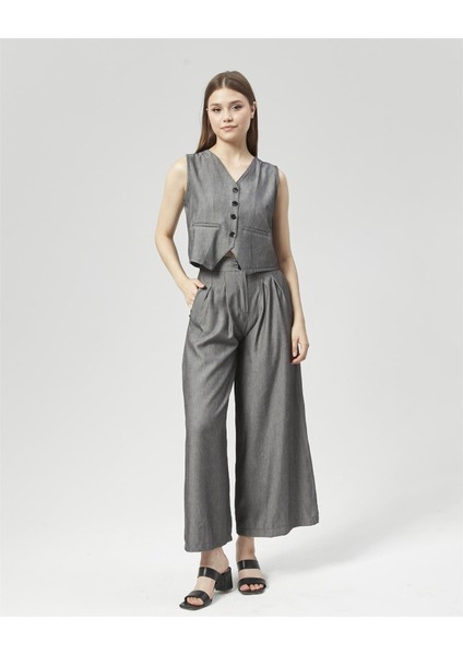 Yeni Sezon Pensli Palazzo Pantolon & Yelek Takım Antrasit modelleri