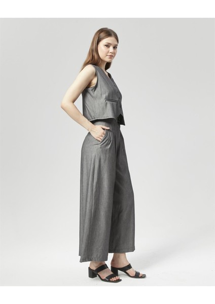 Yeni Sezon Pensli Palazzo Pantolon & Yelek Takım Antrasit fırsatları