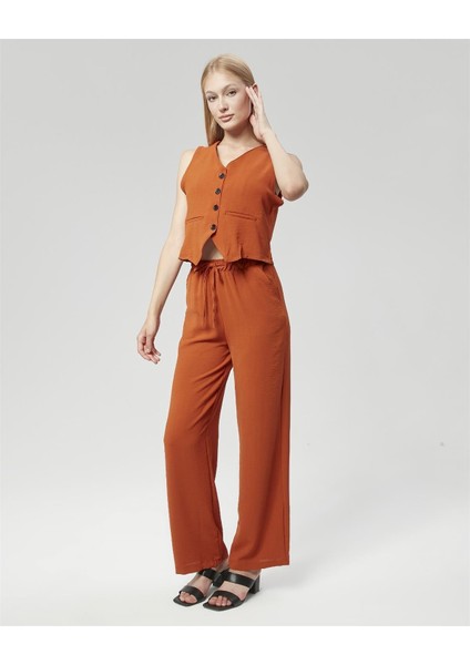 Kadın Keten Kumaş Yelekli Ikili Takım Kiremit fırsatları