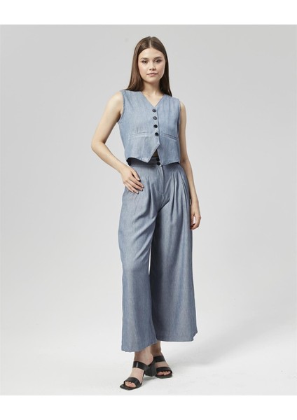 Yeni Sezon Pensli Palazzo Pantolon & Yelek Takım Mavi