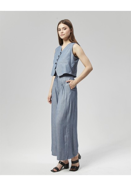 Yeni Sezon Pensli Palazzo Pantolon & Yelek Takım Mavi fiyatları