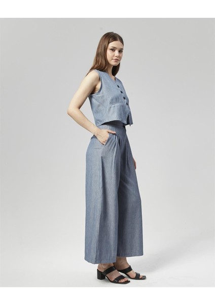 Yeni Sezon Pensli Palazzo Pantolon & Yelek Takım Mavi modelleri