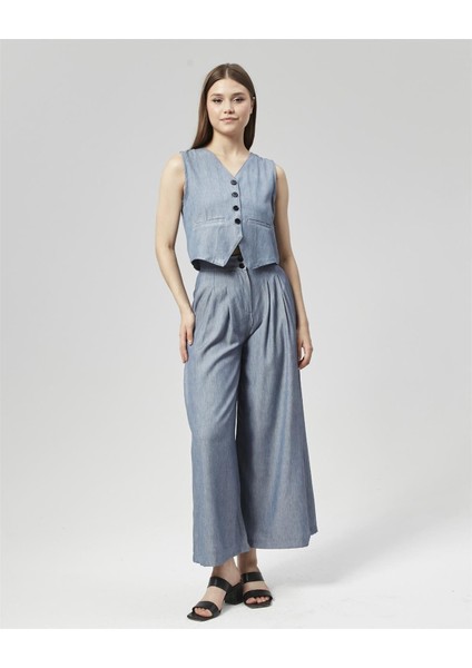 Yeni Sezon Pensli Palazzo Pantolon & Yelek Takım Mavi fırsatları