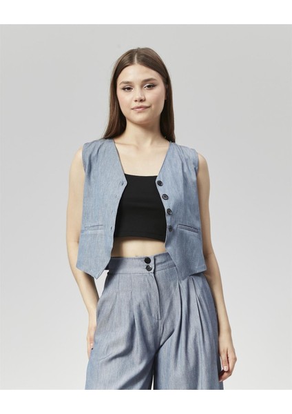 Yeni Sezon Pensli Palazzo Pantolon & Yelek Takım Mavi indirimleri