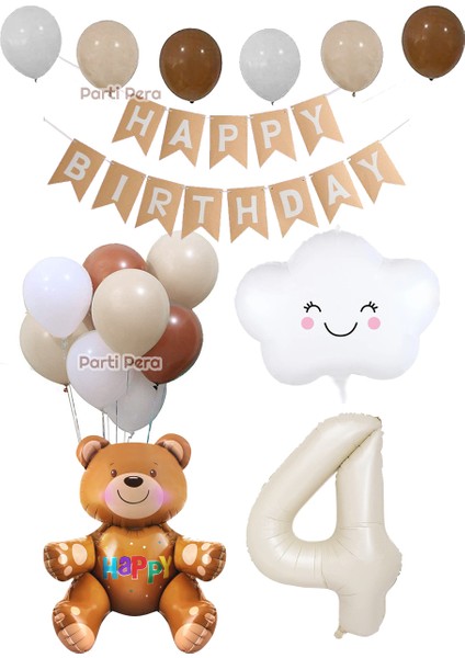 Retro Krem Rakam Folyo Balon Ayı Folyo Balon Bulut Folyo Balon Doğum Günü Balon Seti