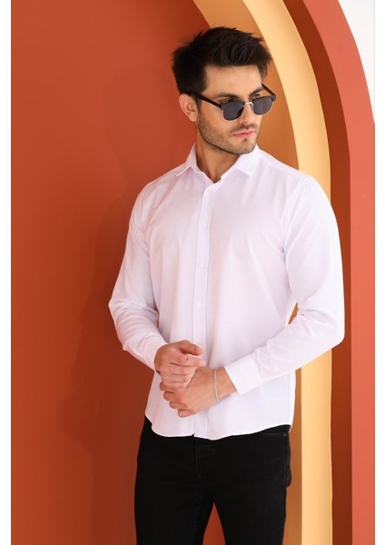 Beyaz Gabardin Düz Regular Erkek Gömlek