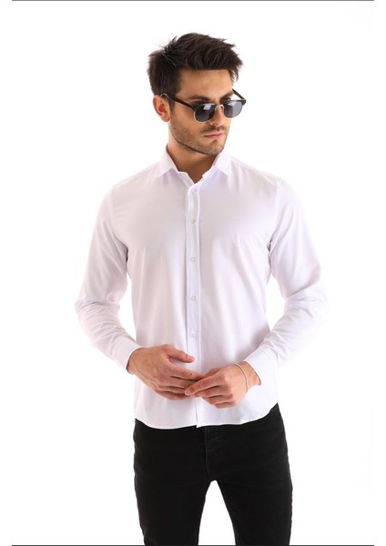 Beyaz Gabardin Düz Regular Erkek Gömlek modelleri