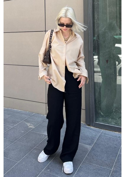 Mad Girls Bej Oversize Gömlek MG1369