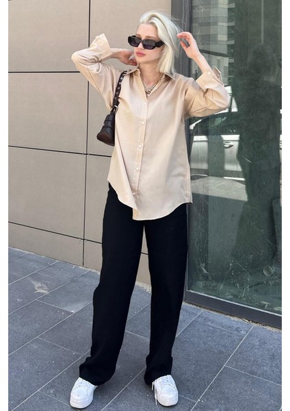 Mad Girls Bej Oversize Gömlek MG1369